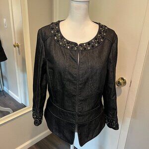 Lafayette 148 New York Black Beaded Peplum Denim Jacket, Size 14
